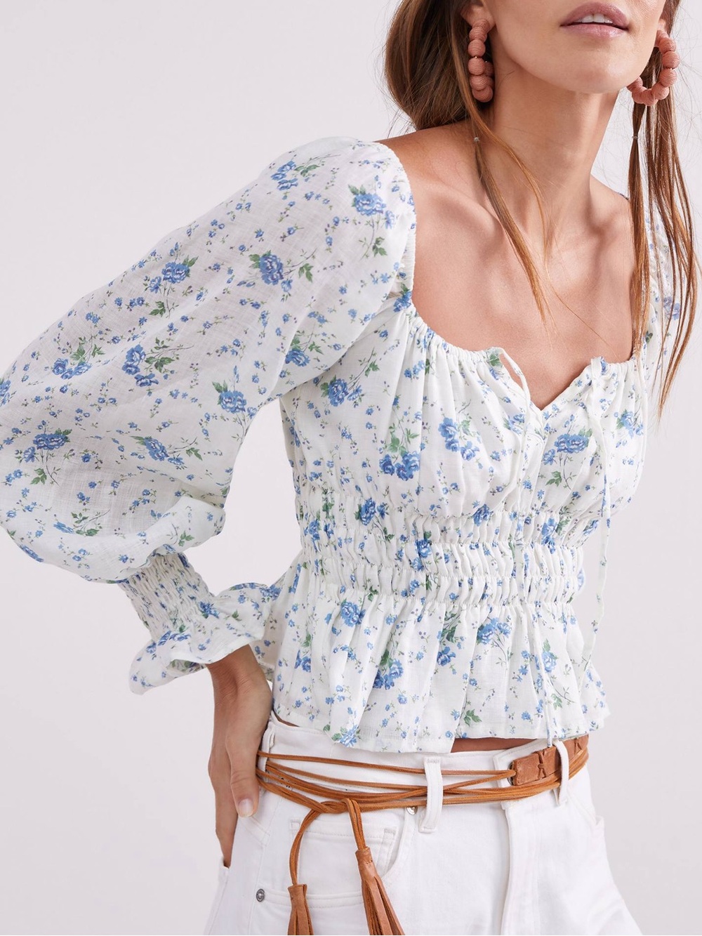 Faithfull the Brand Gillian smocked linen top 6 M Astoria floral puff sleeve